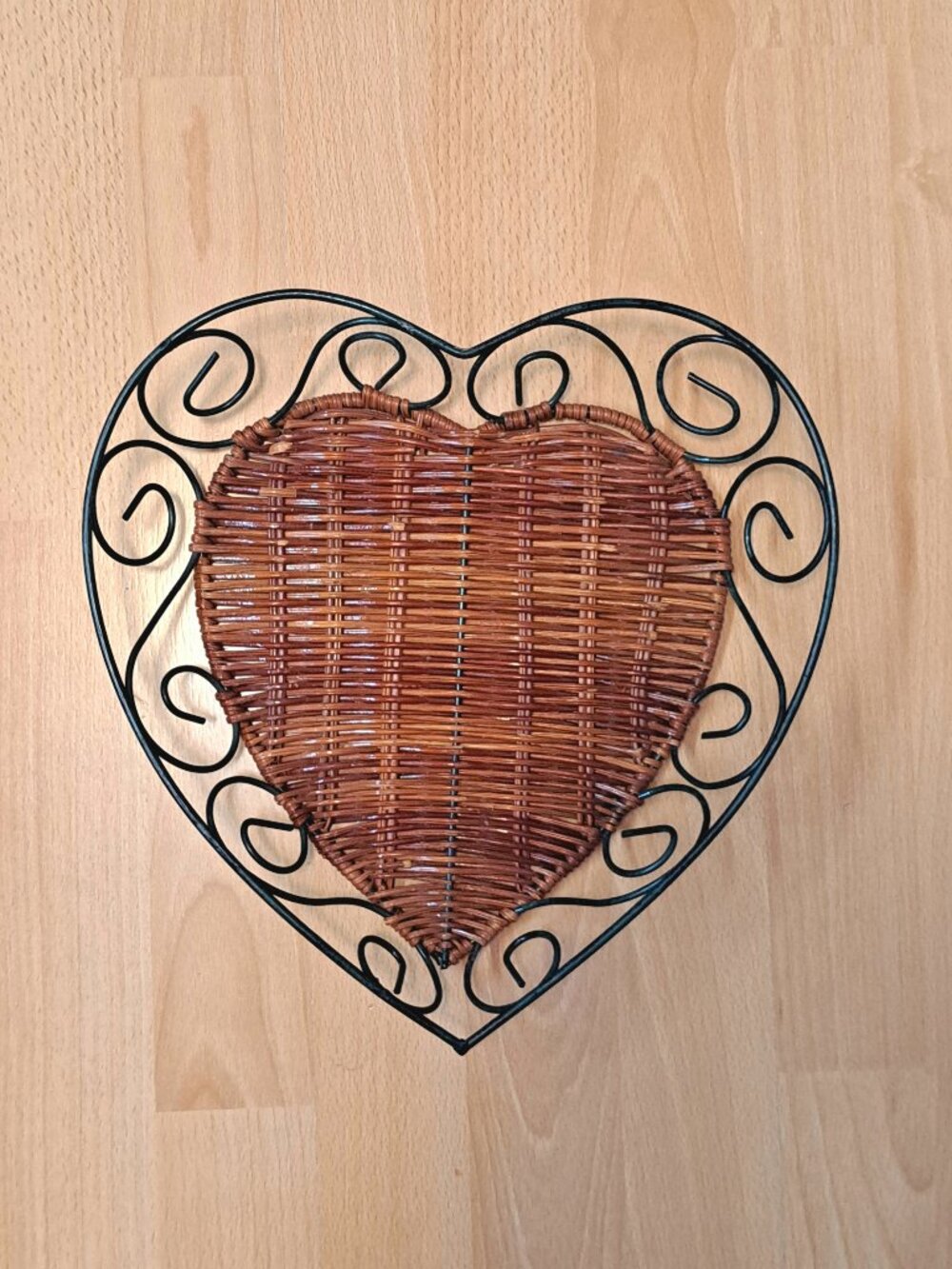 Vintage Heart Shaped Wicker and Metal Tray